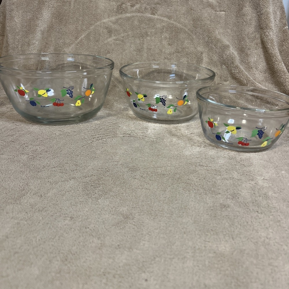3pc‎ Vtg Anchor Hocking Retro Mixing Bowl 1qt 1.5qt 2.5 qt Fruit Pattern 1990